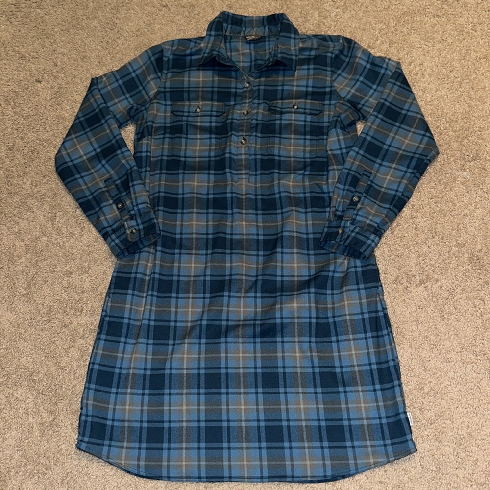 Eddie Bauer Blue Tan Flannel Plaid Shirt Dress Size 10